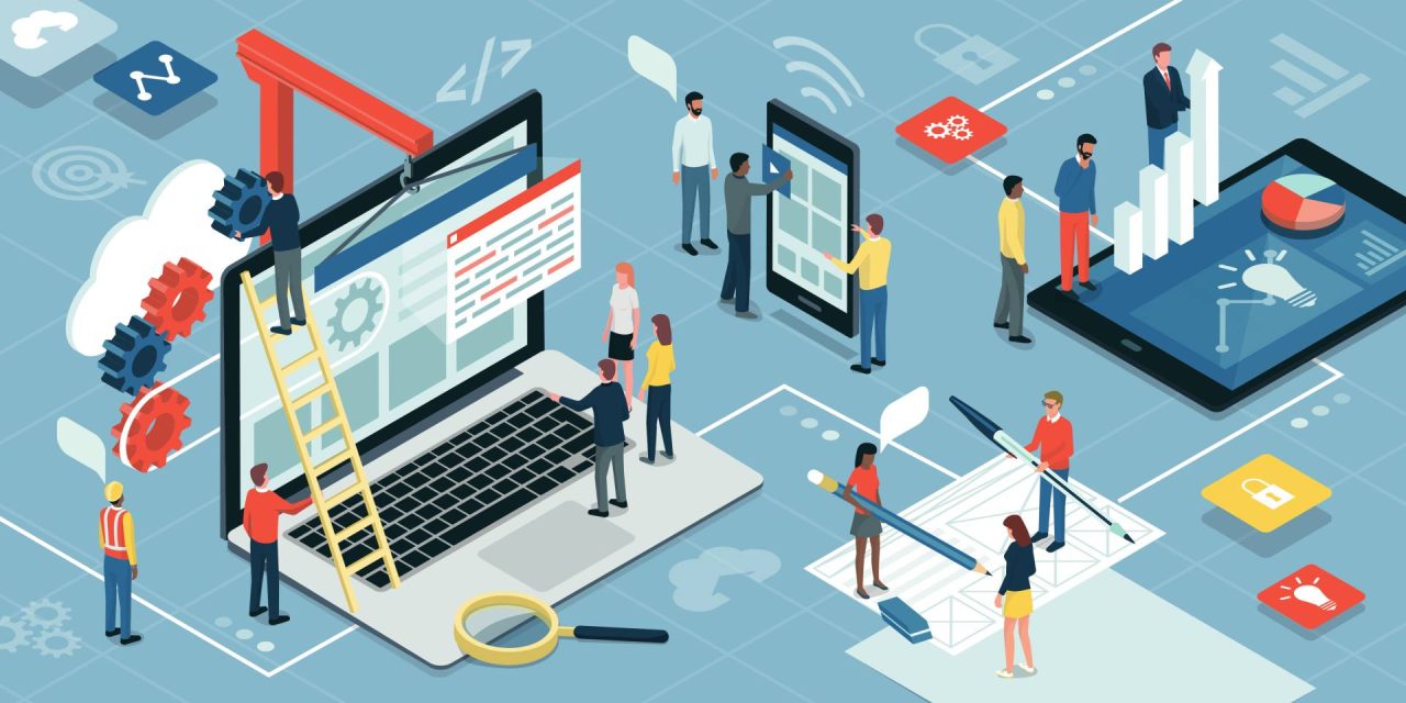 Image of illustrated computer and mini workers for 5 different types of website builds